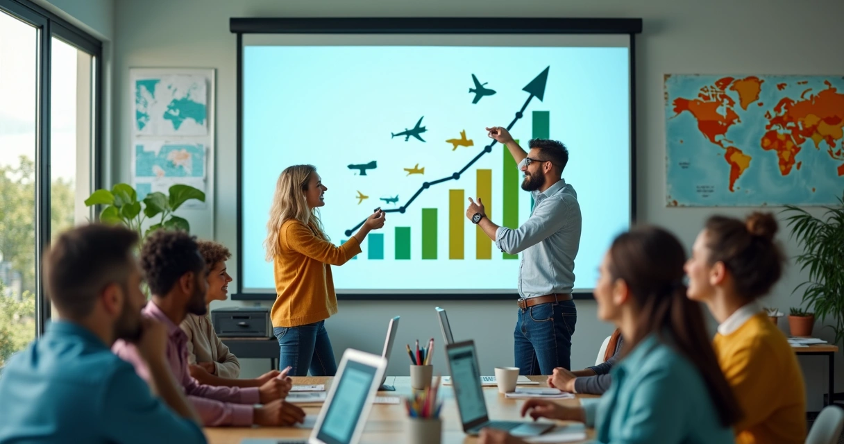 Equipe de uma agência de turismo celebrando o crescimento com gráficos em tela 