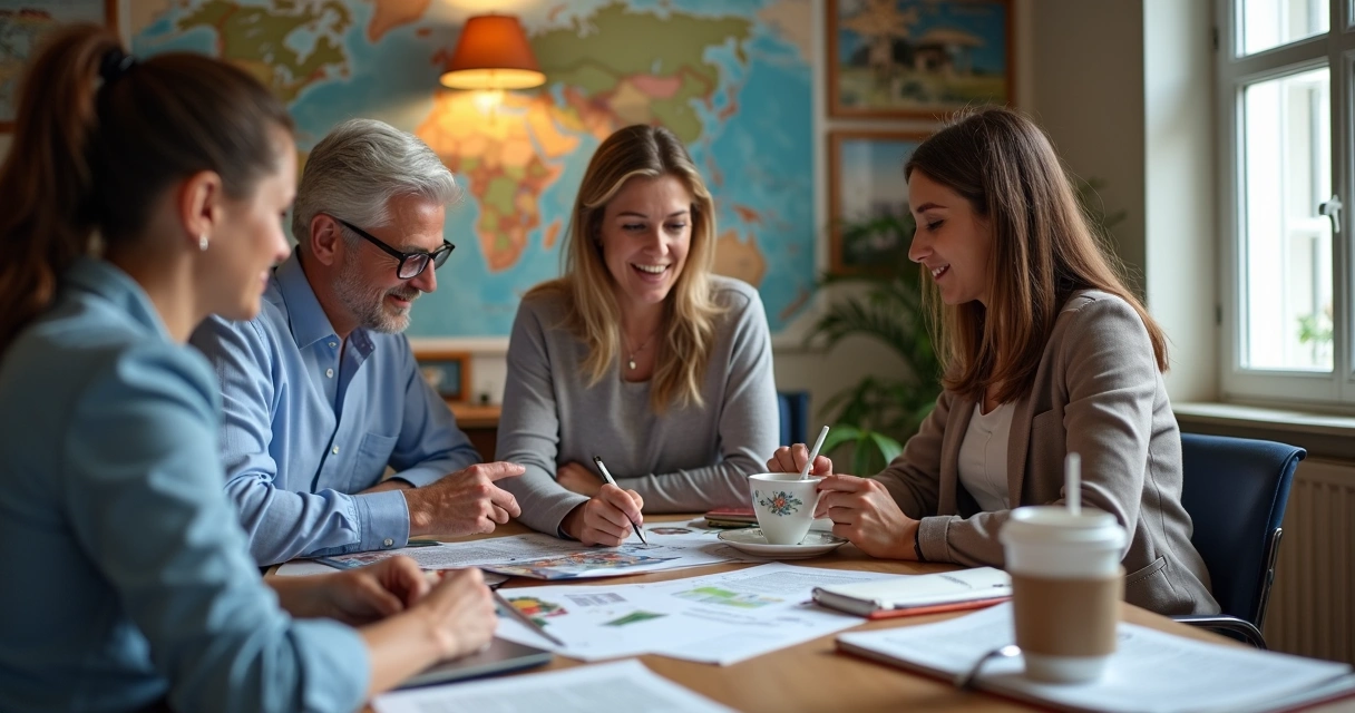 Consultor de turismo mostrando roteiro para clientes em uma mesa 