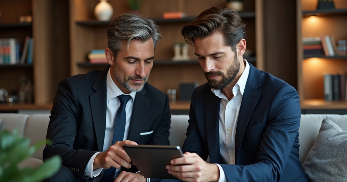 Consultor de viagens premium atendendo cliente em sala elegante 