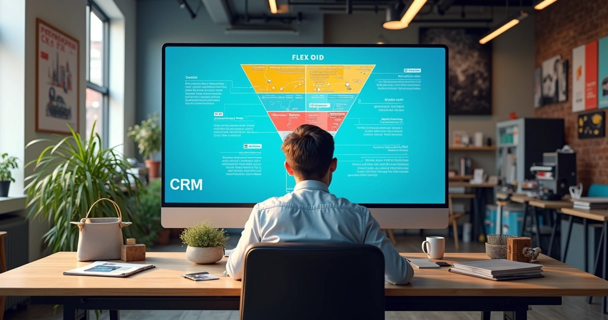 Profissional usando CRM em agência de turismo moderna, telas exibindo funil de vendas digital em destaque 