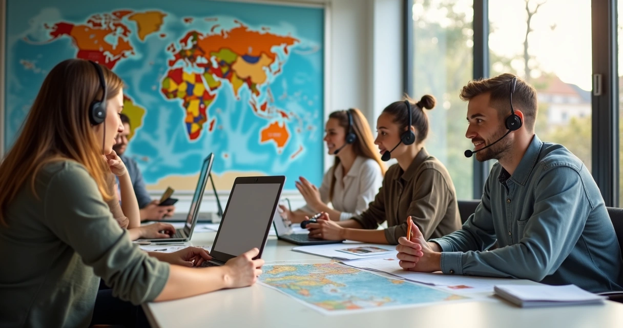 Equipe SDR trabalhando junto em escritório moderno com computadores e papéis sobre a mesa 