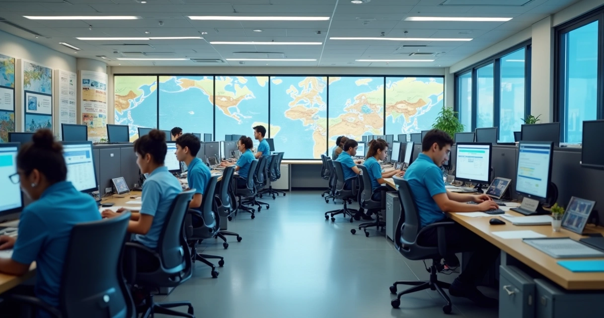 Ambiente interno de uma agência de turismo, mesas e computadores organizados, equipe trabalhando com papéis e sistema de gestão na tela 