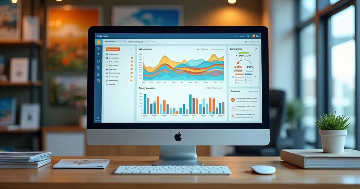 Tela de computador com dashboard de vendas de agência de turismo, gráficos coloridos e notificações. 