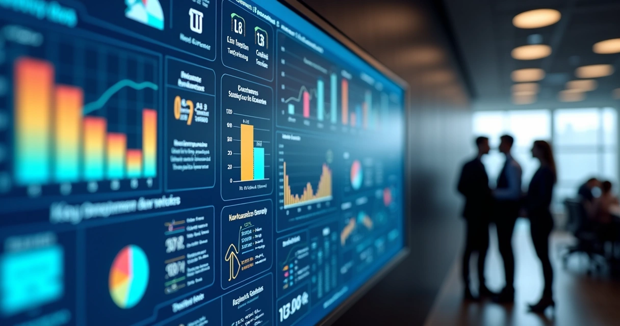 Painel digital mostrando indicadores de desempenho em agência de viagens