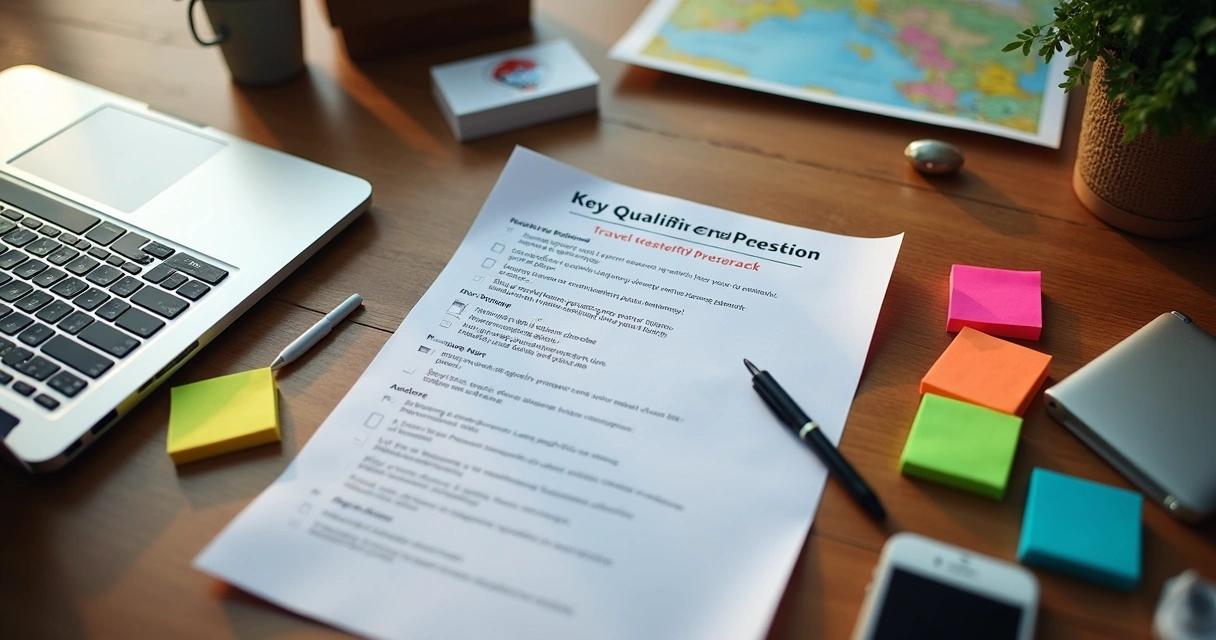 Anotações de perguntas de qualificação em uma mesa de trabalho 
