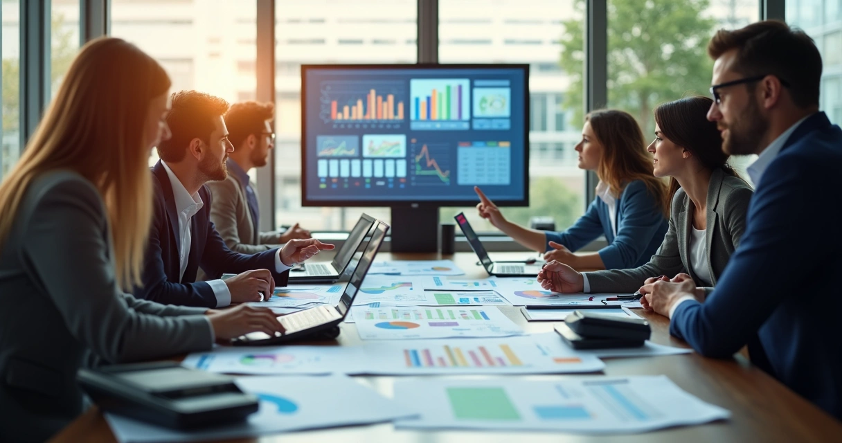 Planejamento financeiro em agência de turismo, com gráficos coloridos em uma mesa de reunião 