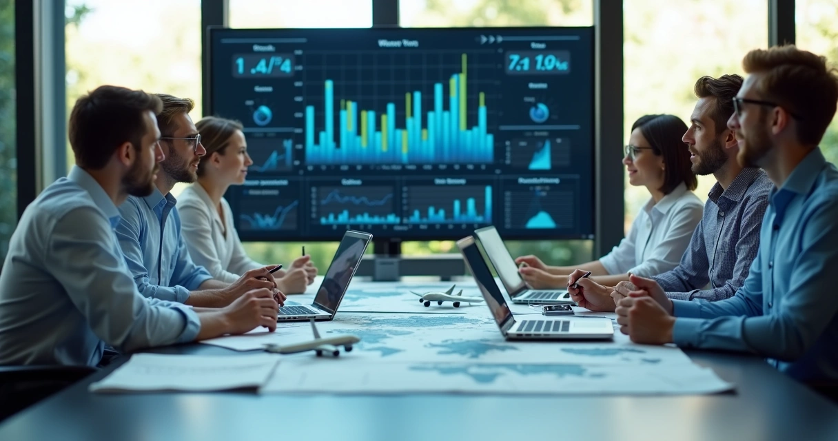 Equipe reunida analisando dados de KPIs comerciais do turismo 