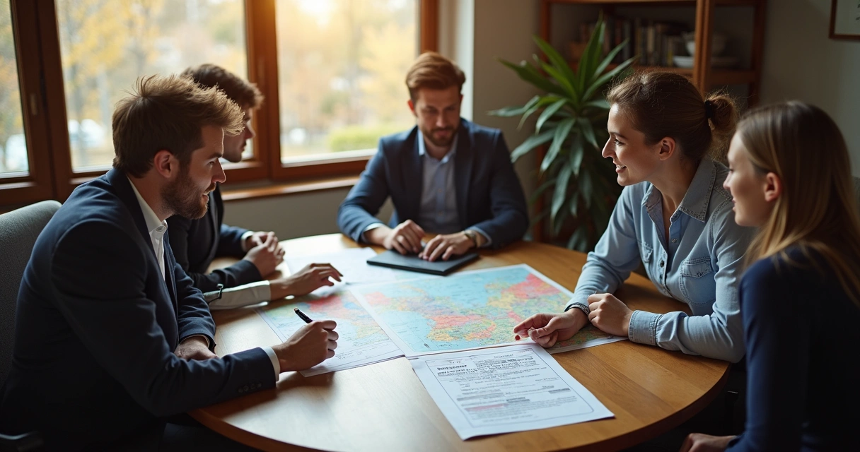 Equipe de agência de viagens discutindo roteiros em reunião 