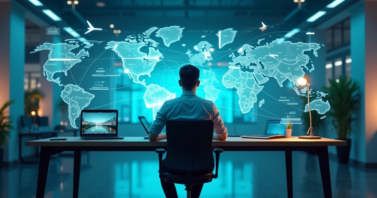 Simulação futurista de uma viagem sendo organizada por aplicativos no celular, com mapas virtuais e passagens digitais em um ambiente iluminado por telas 