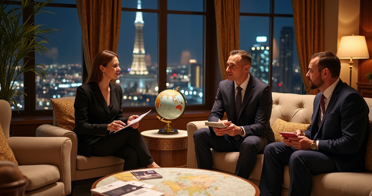 Sala elegante com clientes de alto ticket e agente de viagens planejando viagens 
